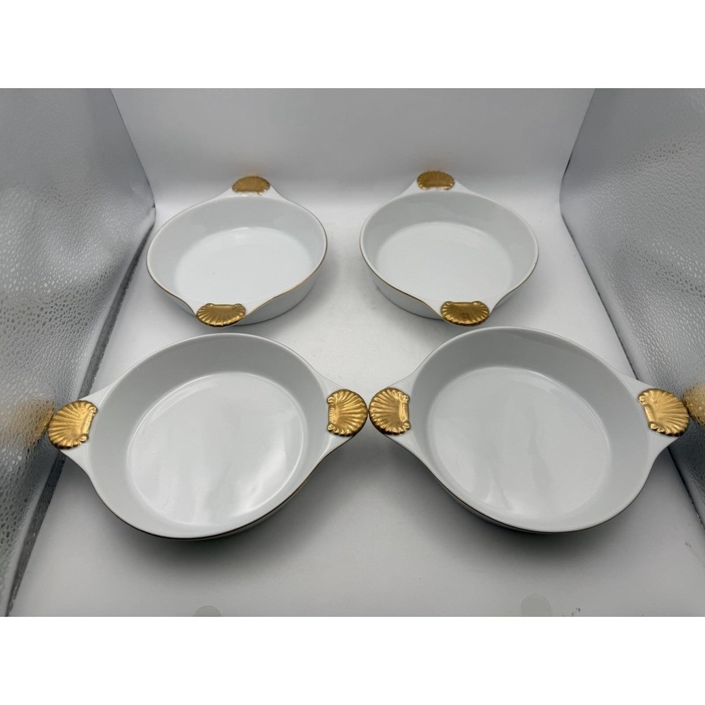 Georges Briard Coquille D'Or Set 4 Porcelain Gratin‎ Dishes Gold Shell Handles